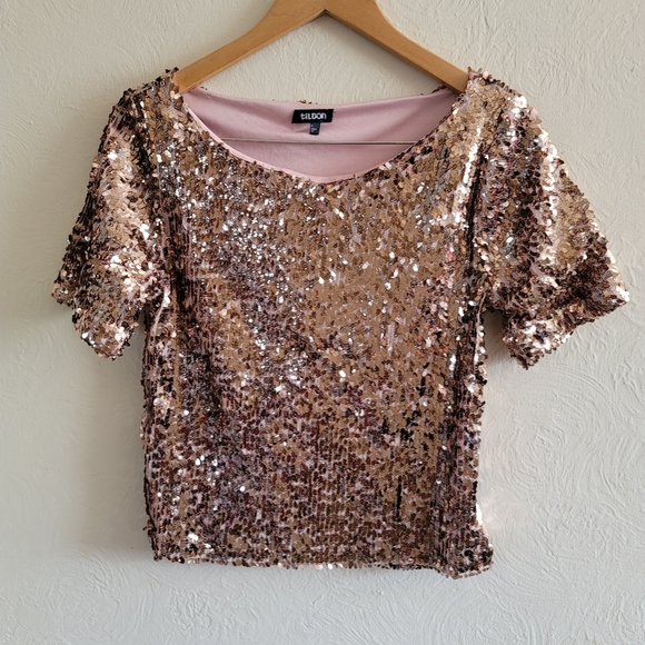 Tildon, Sparkly Rose Gold Sequin Wide Neck Crop Top, Metallic Bubble, Size Small - Picture 3 of 8